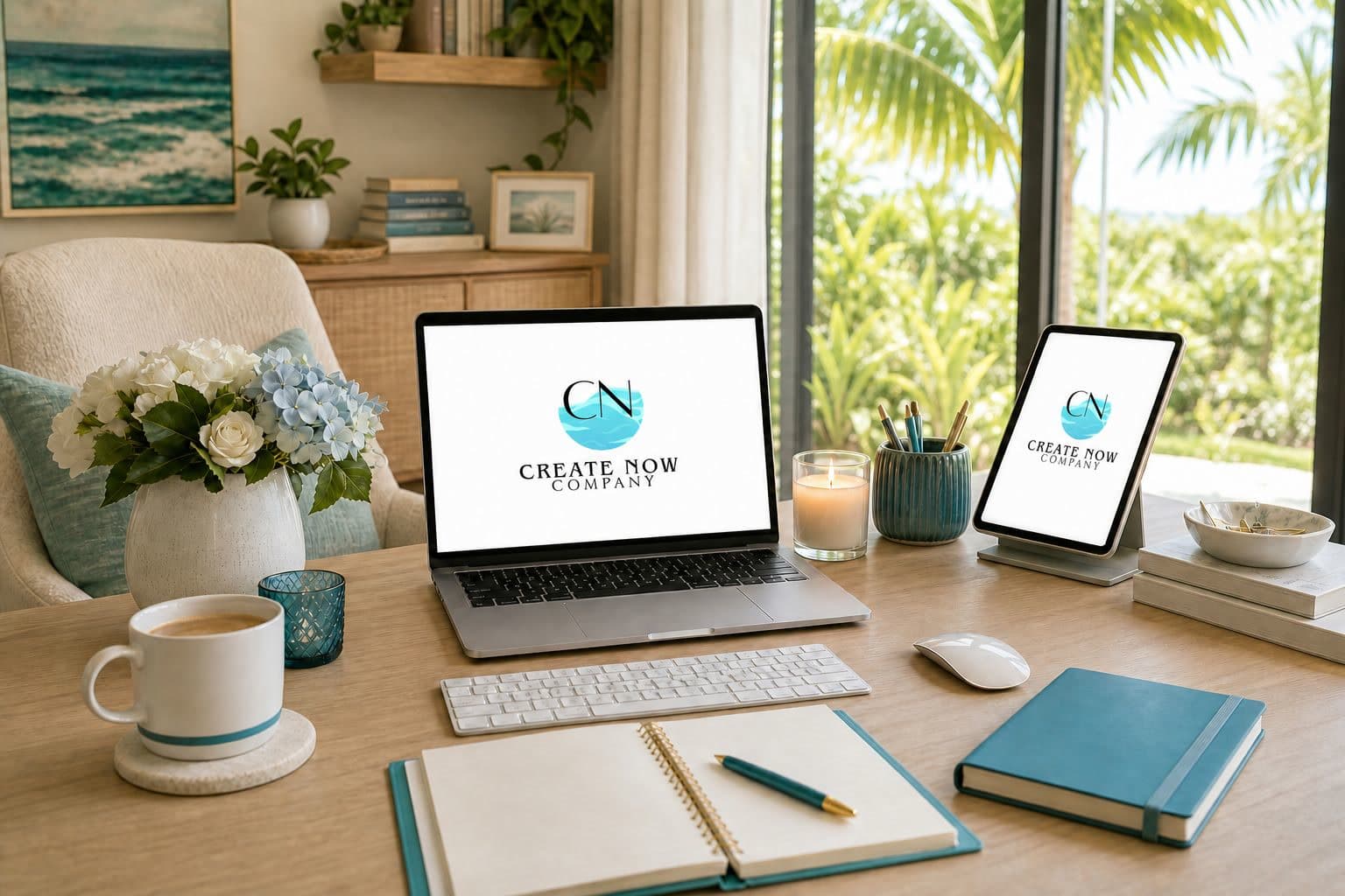 A bright Florida home office with Create Now Company displayed on a laptop and tablet.
