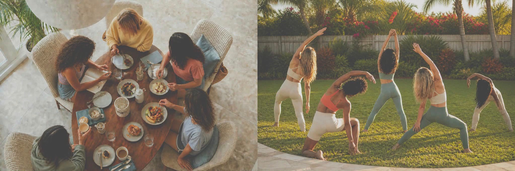 Models sharing a meal indoors and practicing yoga together in a Florida backyard.