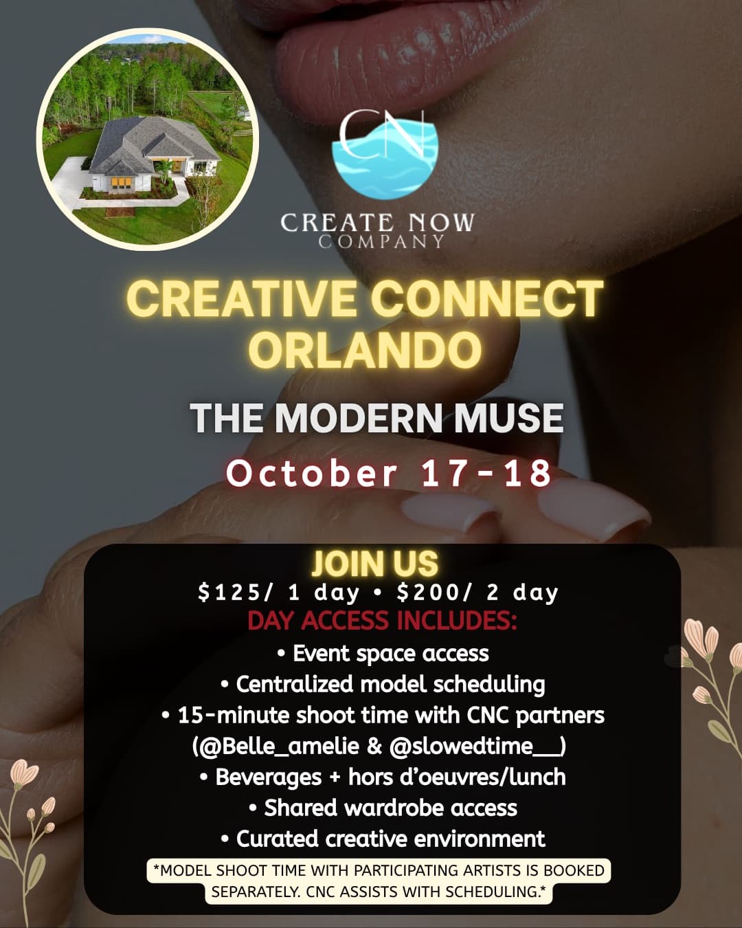 Creative Connect Orlando event flyer with October 17–18 dates, ticket pricing, and the event access inclusions.