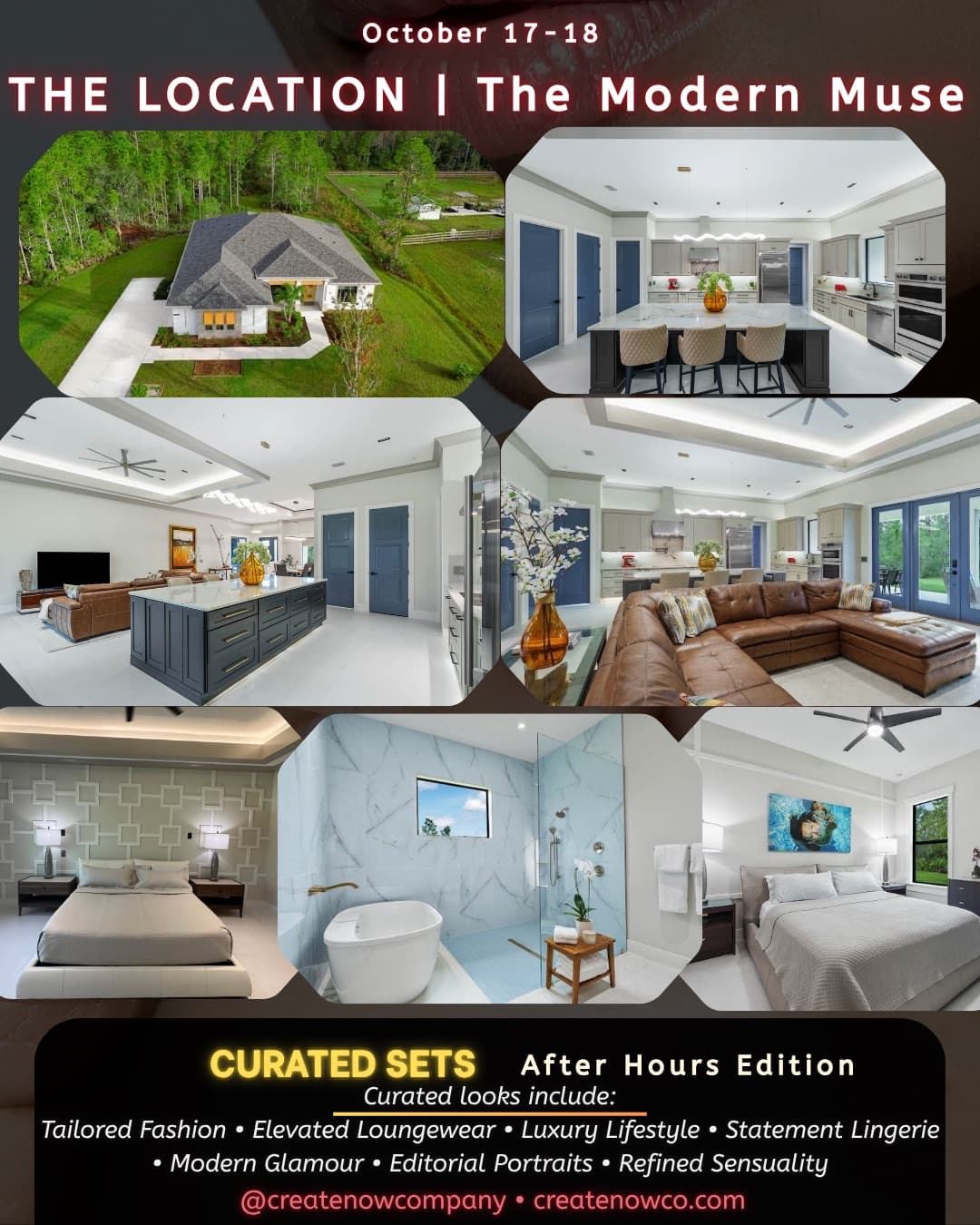 Creative Connect Orlando location flyer showing the modern residence, bedrooms, bath, kitchen, and living spaces used as curated sets.